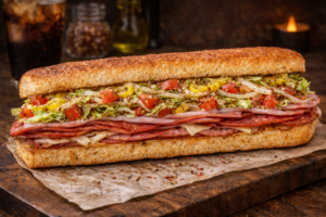 Fresh Italian grinder sandwich loaded with salami, ham, pepperoni, melted provolone cheese, lettuce, tomatoes, onions, and Italian seasoning on toasted bread. Available for pickup, takeout, and delivery in Farmington, Michigan at Uncle Andy’s Pizza.