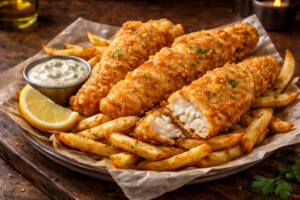 Crispy fish and chips with tartar sauce, lemon wedge, and thick-cut fries served on a wooden table in Farmington MI