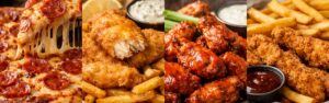 Detroit style pizza, hot buffalo wings, fish and chips, and crispy chicken tenders with fries in Farmington MI