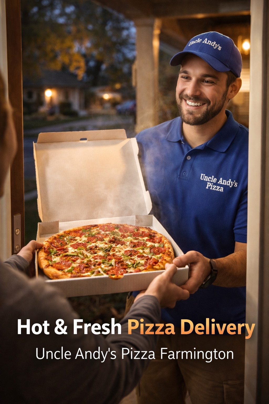 Uncle Andy’s Pizza delivery driver handing a fresh pizza to a customer at the door in Farmington MI