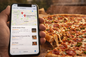 “Customer searching Uncle Andy’s Pizza on Google Maps in Farmington MI with fresh pepperoni pizza in background”