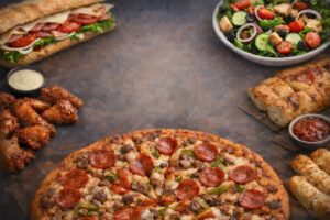 “Pizza, grinder sandwich, chicken wings, fresh salad and breadsticks background image for Uncle Andy’s Pizza Farmington MI”